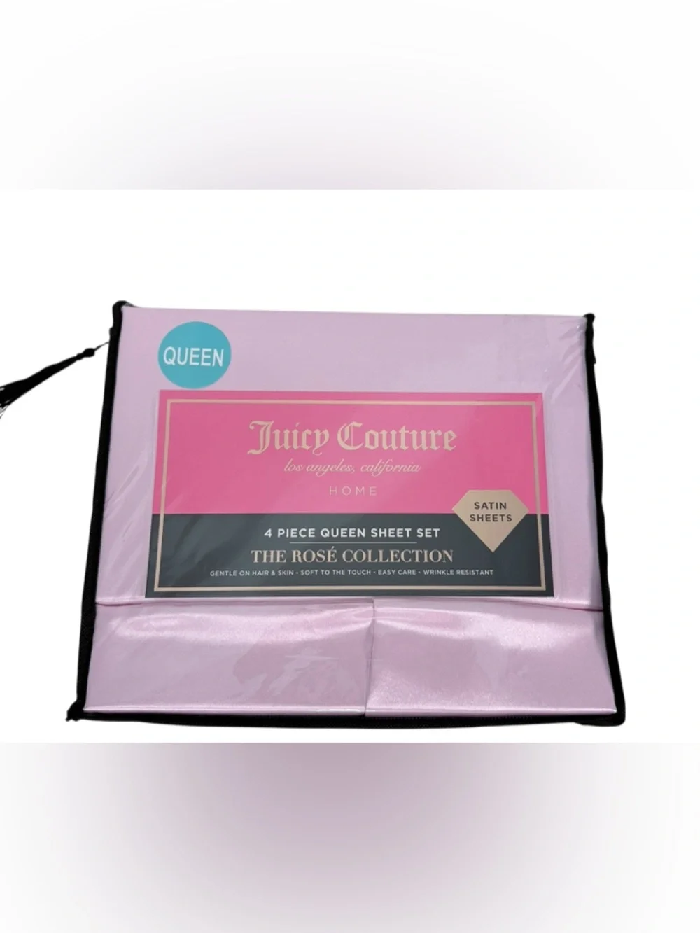 Juicy Couture Rose Collection Pink Satin Queen Sheet Set 4 Piece Bedding Pink